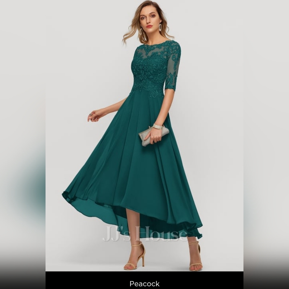 A-line Illusion Boat Neck Asymmetrical Chiffon Lace Mother of the Bride Dress